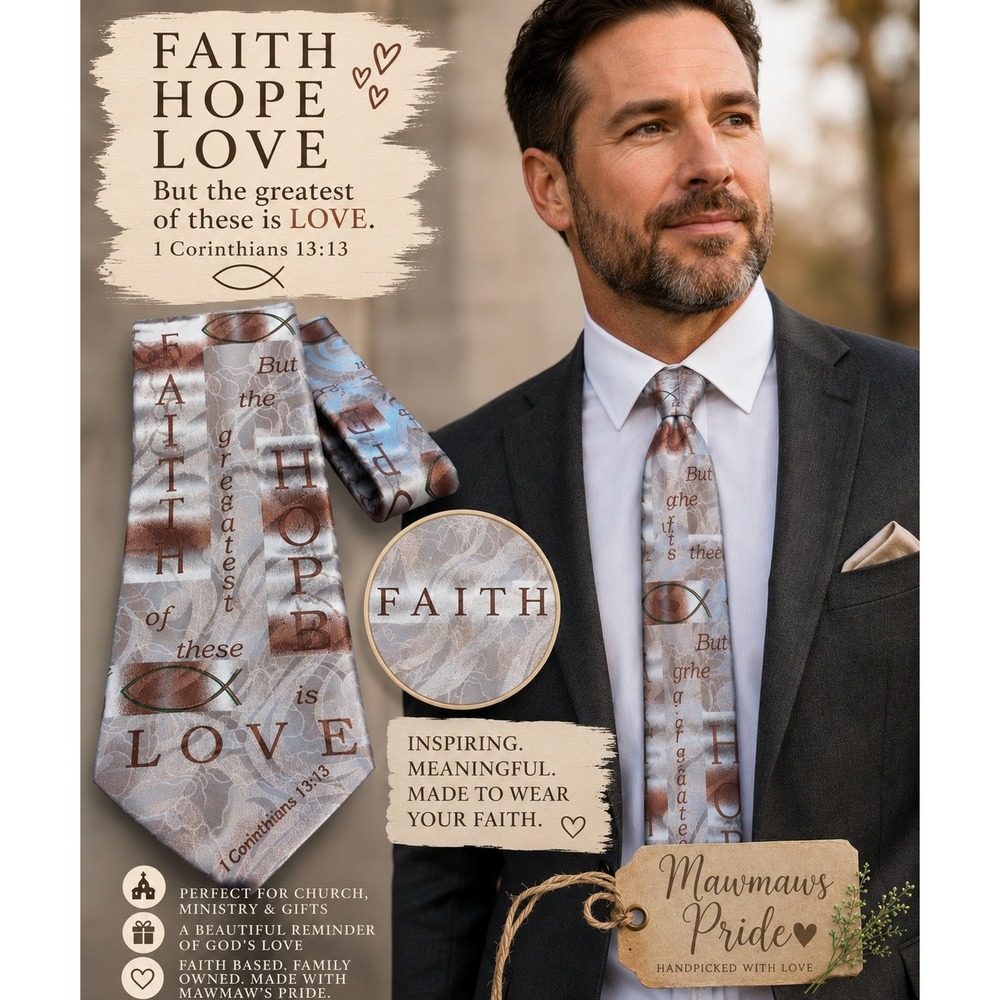 Gospitality Mens Faith Hope Love Religious Necktie 1 Corinthians 13:13 Silver